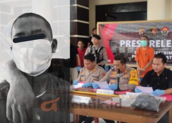 GP (kiri) pelaku pembunuhan Kecamatan Lemito. Konferensi pers Polres Pohuwato (kanan), pada Selasa (16/7/2024).