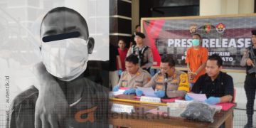 GP (kiri) pelaku pembunuhan Kecamatan Lemito. Konferensi pers Polres Pohuwato (kanan), pada Selasa (16/7/2024).