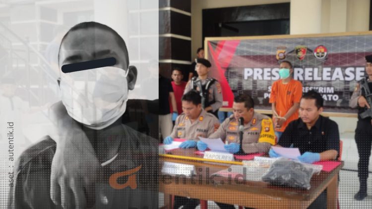 GP (kiri) pelaku pembunuhan Kecamatan Lemito. Konferensi pers Polres Pohuwato (kanan), pada Selasa (16/7/2024).
