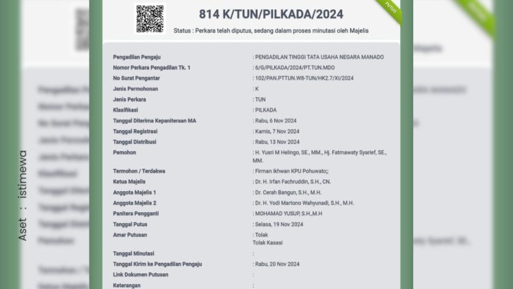 Tangkapan layar putusan PTTUN Manado atas gugatan Pilkada Pohuwato.